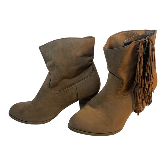 Rampage Leather Frankey Tan Zip Up Booties With Fringe Size 9 - Picture 1 of 11